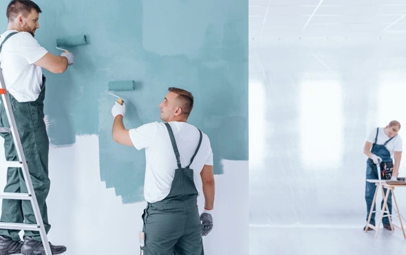 Commercial painters expertly applying a fresh coat of paint to a wall in a space.